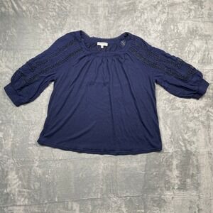 Skies Are Blue Curvy Navy Blue Lace Trim Boho Blouse Top Plus Size 1X